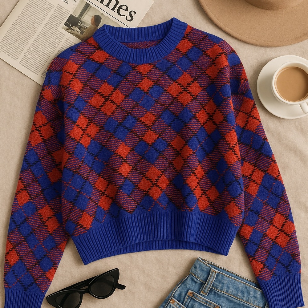 Forever 21 Red & Blue Plaid Cropped Chunky Knit Sweater Size Medium NWOT